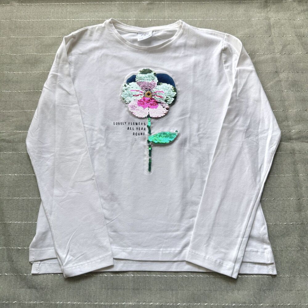 Zara Girls Sequin Flower White Long Sleeve Top Size 9 Great Condition